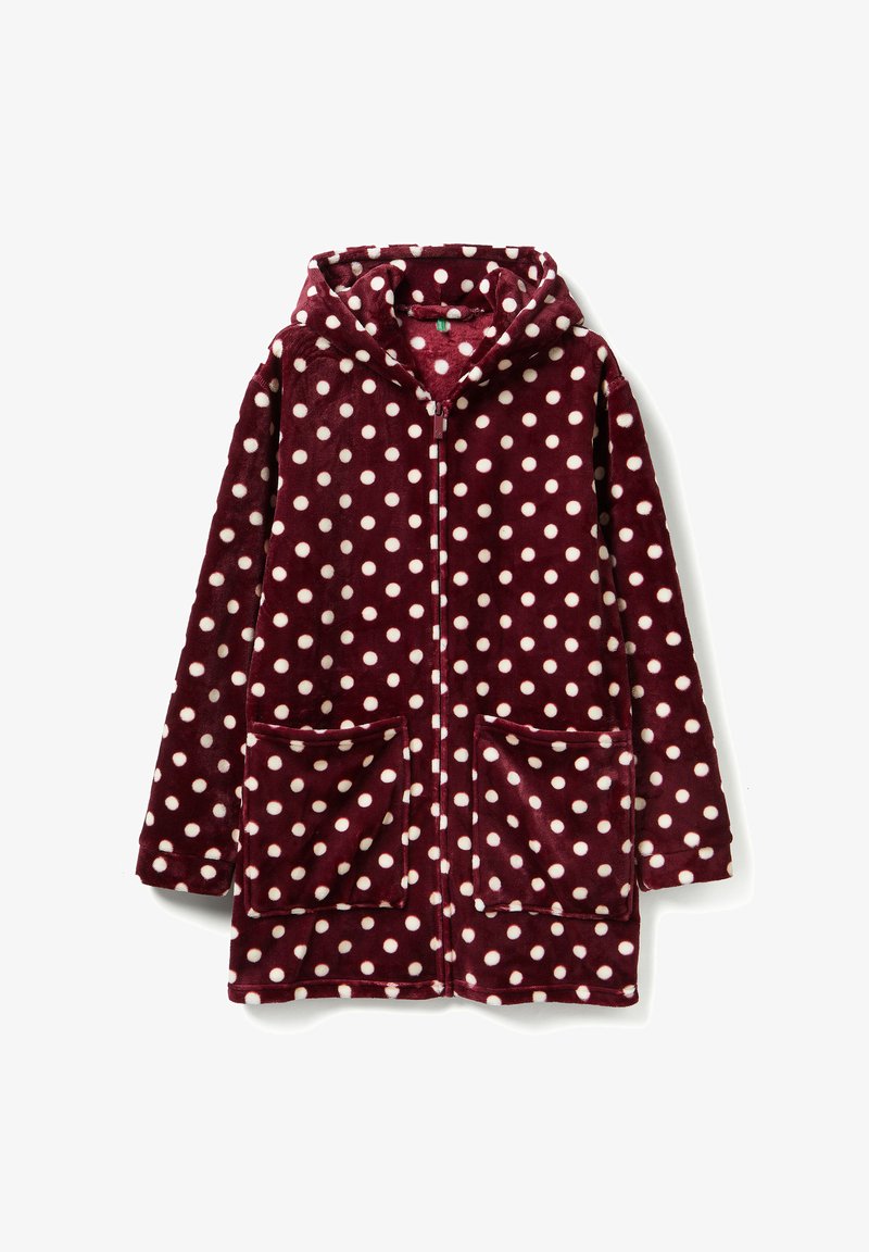 Accappatoio in fleece bordeaux con pois bianchi, zip frontale completa, cappuccio e due tasche frontali. Tessuto morbido e vestibilità regular.