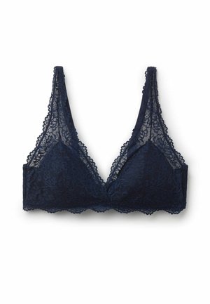 Marineblaue Spitzens-Bralette mit dreieckigen Körbchen, gewellten Kanten und dünnen Schulterriemen auf weißem Hintergrund.