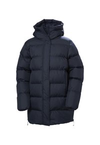 Chaqueta de plumón azul marino con capucha, que presenta secciones acolchadas, puños elásticos y cierre de cremallera en la parte delantera. Fabricada con material aislante y resistente al agua.