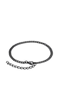 Collana in catena nera di metallo con una finitura liscia, dotata di un gancio a moschettone e un'estensione della catena regolabile.