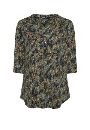 Mustapaita pyöreällä kaula-aukolla, kolmennesosan hihoilla, jossa on värikäs abstrakti printti oranssina, vihreänä ja sinisenä. Tasainen kankaan rakenne.