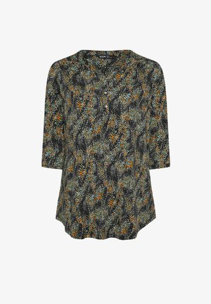 Blouse noire avec un col rond, des manches trois-quarts, présentant un imprimé abstrait coloré en orange, vert et bleu. Texture de tissu lisse.