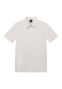 White polo shirt made of cotton. Features a classic collar, three-button placket, and short sleeves. Smooth texture with subtle stitching.