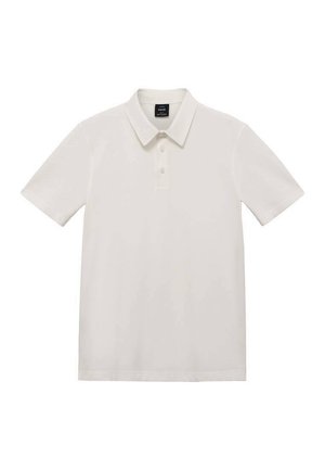 White polo shirt made of cotton. Features a classic collar, three-button placket, and short sleeves. Smooth texture with subtle stitching.