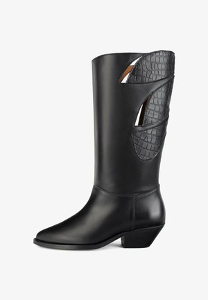 Black knee-high leather boot with a pointed toe, featuring cut-out accents and textured black detailing on the side, and a block heel.