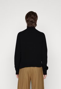 Schwarzer, gestrickter Rollkragenpullover mit lässiger Passform, gerippten Bündchen und Saum. Lässiger Stil, von hinten betrachtet, getragen mit beigen Hosen.