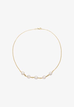 Collier chaîne en or avec cinq perles blanches irrégulières réparties de manière égale sur le devant, fermé par un fermoir lobster.