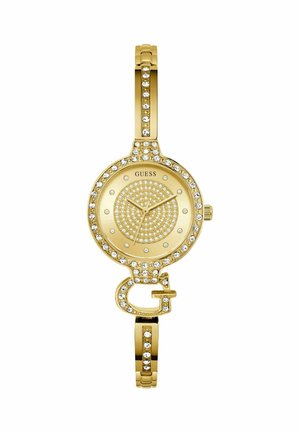 Montre dorée avec un cadran rond, rehaussée de strass, d'un fermoir en forme de G et d'un bracelet texturé. Présente un cadran à motifs.