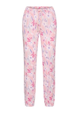 Rosa gemusterte Hose mit Blumenmuster, Kordelzug, elastischem Bund und Bündchen, mit Schattierungen von Lila, Weiß und grünen Akzenten.