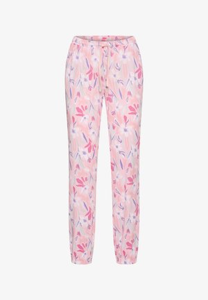 Pink floral patterned drawstring pants with elastic waistband and cuffs, featuring shades of purple, white, and green accents.
