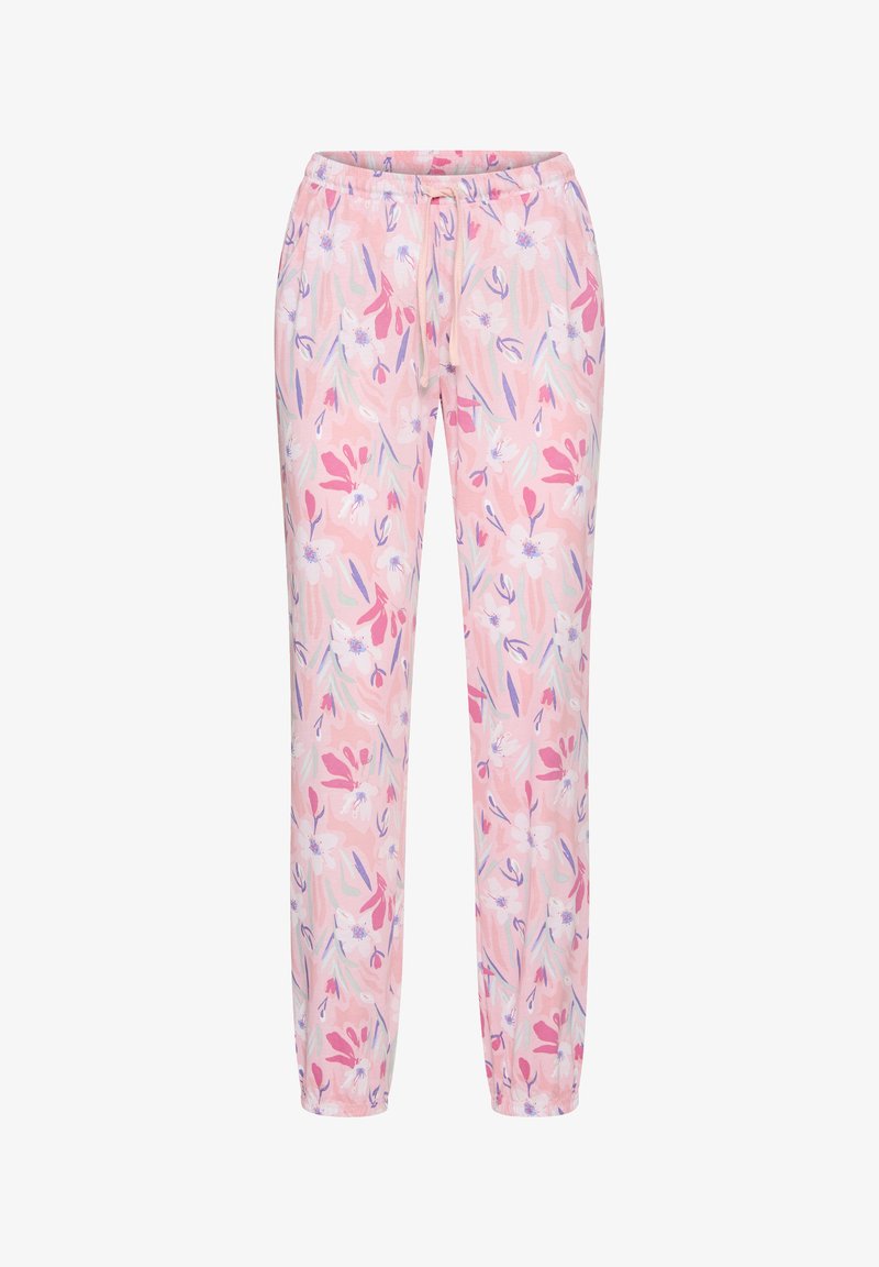Pantalon à cordon de serrage à imprimé fleuri rose avec taille et poignets élastiques, présentant des nuances de violet, blanc et des accents verts.
