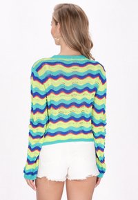 Il maglione a maglia presenta un motivo ondulato in verde, blu e rosso, con maniche lunghe e un design accorciato. La texture è leggermente aperta e leggera.