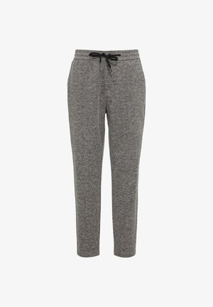 Spodnie w wzór houndstooth w odcieniu szarości z czarnym sznurkiem. Zwężane nogawki, elastyczny pas i miękka, teksturowana tkanina. Odpowiednie do codziennych stylizacji.