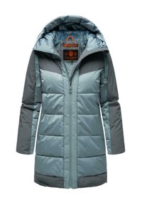 Un manteau d'hiver en duvet, de couleur turquoise, avec une capuche, présentant une fermeture éclair, des panneaux gris contrastés et des sections cousues pour l'isolation.