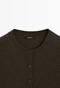 Dark brown cardigan with a round neckline and a button closure, featuring a label that reads "Massimo Dutti." Soft, textured fabric.