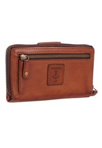 Brauner Leder-Geldbeutel mit Reißverschluss, rechteckiger Form, geprägtem Ankerlogo und goldfarbenen Hardware-Akzenten. Glatte, strukturierte Oberfläche.