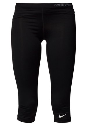 Schwarze Nike Pro kurze Kompressions-Leggings mit elastischem Bund und weißem Nike Swoosh-Logo nahe dem Saum.