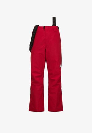 Pantaloni impermeabili rossi con design a gamba dritta. Presentano bretelle nere regolabili con dettagli logo e una superficie liscia.