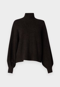 Tummanruskea pooloneule pehmeästä, teksturoidusta kankaasta; siinä on löysä istuvuus, laskokset hihoissa sekä resorit hihansuissa ja helmassa.