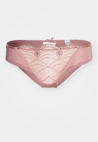 Rosa undertøyshorts med et gjennomsiktig frontpanel som har et bølget design og metalliske detaljer. Mykt stoff med en jevn tekstur.