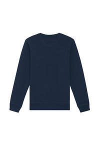 Donkerblauwe sweatshirt met lange mouwen, ronde kraag en ribgebreide manchetten. Gemaakt van zachte, textuurrijke stof. Eenvoudig, effen kleurontwerp.