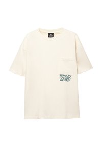 Kortærmet, cremefarvet bomulds t-shirt med venstre brystlomme og "WARM SAND" trykt i teal på fronten.