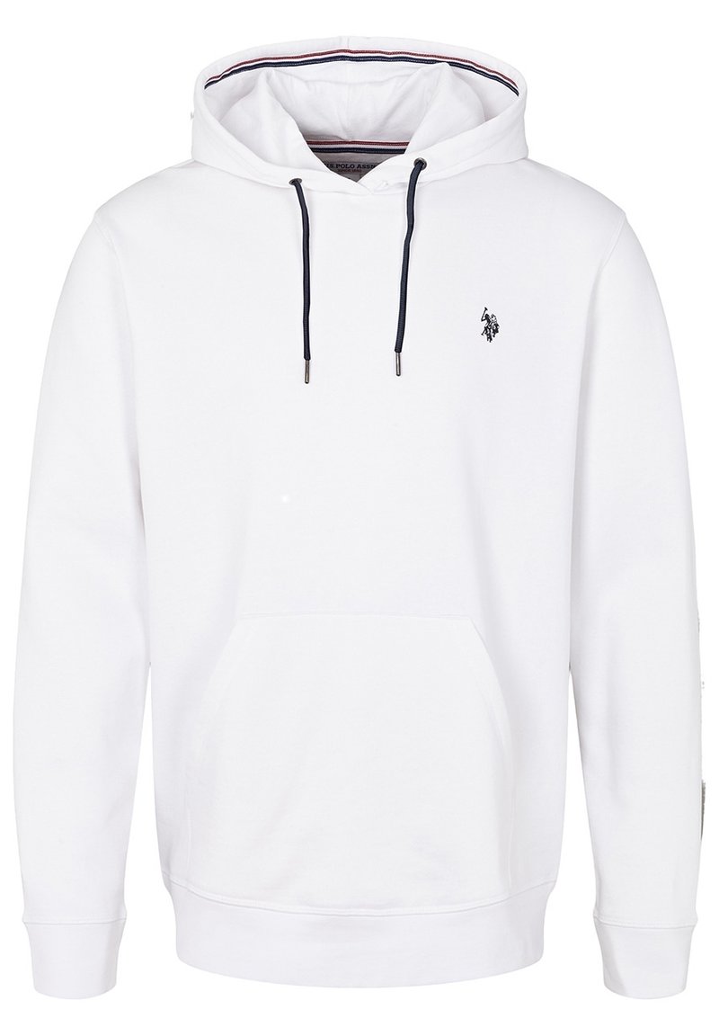 Sweat-shirt à capuche blanc avec poche kangourou à l'avant, cordons noirs et petit logo noir de joueur de polo sur la poitrine gauche.