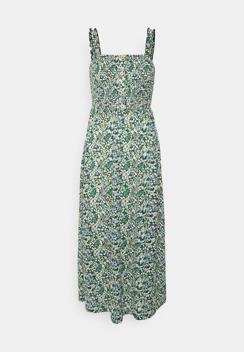 Robe midi verte à fleurs avec bretelles volantées, boutonnée à l’avant et taille cintrée avec un motif de petites fleurs blanches, jaunes et bleues.
