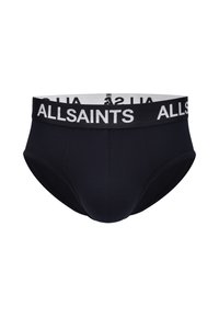 Black cotton briefs with a wide elastic waistband featuring "ALLSAINTS" in white text. Smooth texture and classic brief cut.