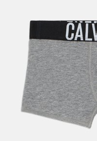 Boxer brief in cotone grigio con elastico nero in vita, sul quale è stampato il testo bianco "CALVIN KLEIN". Tessuto morbido e design aderente.