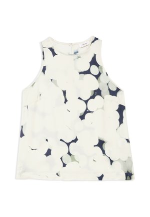 Blouse sans manches avec un grand motif floral blanc sur un fond sombre, dotée d'un col rond et d'une fermeture éclair au dos.