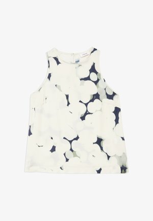 Blouse sans manches avec un grand motif floral blanc sur un fond sombre, dotée d'un col rond et d'une fermeture éclair au dos.