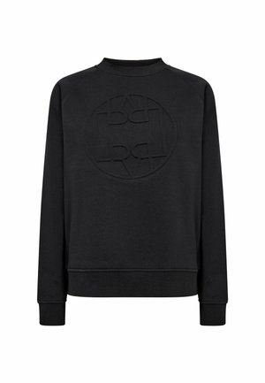 Must musta ümmarguse kaelusega dressipluus pikkade varrukatega ja südamel asetseva reljeefse ümmarguse logoga.