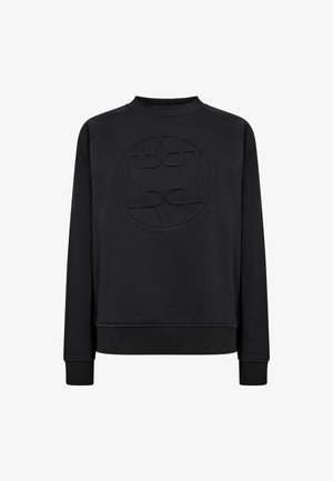 Must musta ümmarguse kaelusega dressipluus pikkade varrukatega ja südamel asetseva reljeefse ümmarguse logoga.