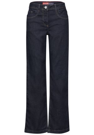 Dark blue straight-leg denim jeans with front button and zipper closure, belt loops, and front and back pockets.