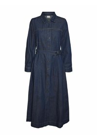 Džinsa kleita ar garām piedurknēm, pogu aizdari, apkakli un jostu viduklī. Tumši zila auduma ar kontrastējošām dzeltenām šuvēm. Divas krūšu kabatas.