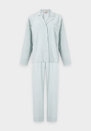 Haut de pyjama à manches longues boutonné à rayures verticales vert clair et blanc avec col et poche poitrine, et pantalon long assorti.