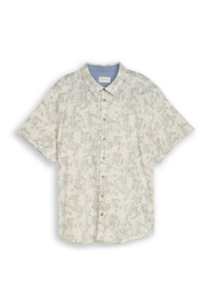 Camicia crema a maniche corte con leggeri motivi floreali e geometrici astratti, bottoni frontali e colletto classico.