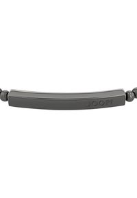 Bracciale nero con perline che presenta una barra angolare elegante e logo inciso. Realizzato in materiale lucido, con una texture liscia e un design moderno.