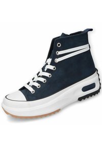 High-top sneaker in navy blue suede with white laces, rubber toe cap, and a chunky white sole featuring a textured gum rubber bottom.
