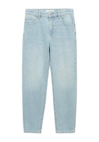 Jean droit bleu clair avec un design classique à cinq poches, passants de ceinture et fermeture à bouton, présenté à plat sur fond blanc.
