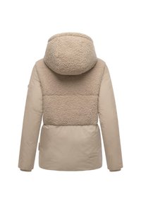 Beige jasje met een textuur, fuzzy bovenstuk met een capuchon en een gladde onderzijde. Heeft een minimalistisch ontwerp zonder zichtbare hardware.