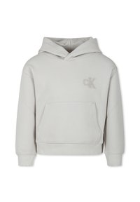 Felpa con cappuccio grigio chiaro in tessuto testurizzato, con tasca frontale e logo ricamato. Presenta polsini e orlo a costine per una vestibilità aderente.