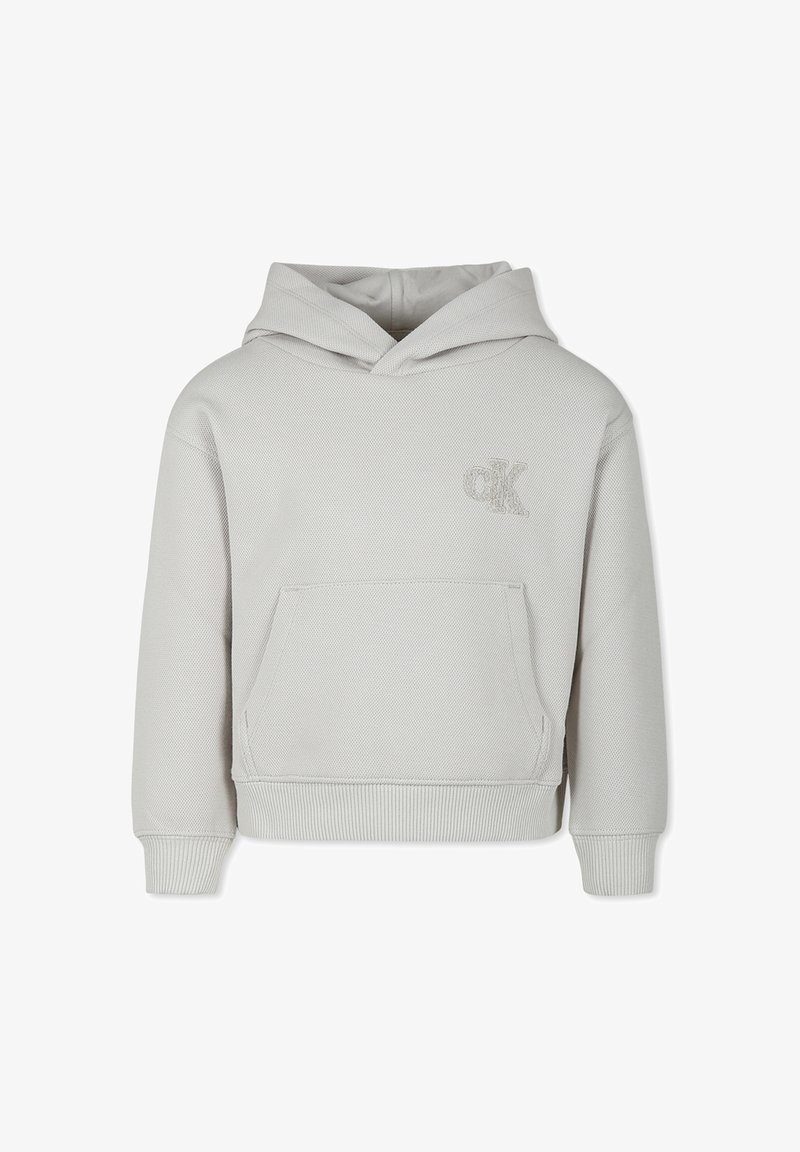 Felpa con cappuccio grigio chiaro in tessuto testurizzato, con tasca frontale e logo ricamato. Presenta polsini e orlo a costine per una vestibilità aderente.