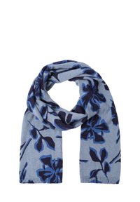 Écharpe tricotée en bleu clair avec des motifs floraux bleu foncé. Texture douce, forme rectangulaire et bords finis. Légère et polyvalente.