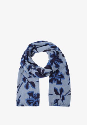 Fular tricotat de culoare albastră deschisă cu modele florale de culoare albastră închisă. Textură moale, formă dreptunghiulară și margini finisate. Ușor și versatil.