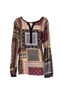 Blusa de manga larga con un patrón de patchwork multicolor, escote en forma de V con una tapeta de botones negros y puños elásticos.