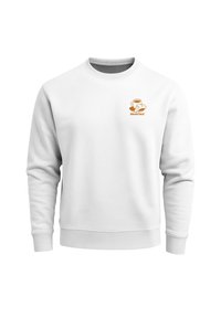 Weißes Crewneck-Sweatshirt mit einem kleinen braunen Logo einer Kaffeetasse und einem Croissant über dem Wort "Neverless" auf der linken Brust.