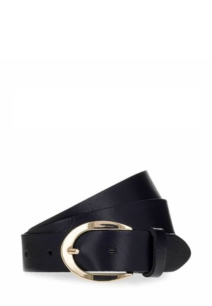 Schwarzer Leder-Gürtel mit einer goldfarbenen runden Schnalle und glatter Oberfläche, wobei zwei Längen des Gürtels übereinandergelegt sind.