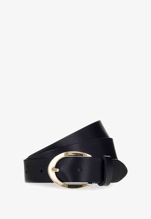 Schwarzer Leder-Gürtel mit einer goldfarbenen runden Schnalle und glatter Oberfläche, wobei zwei Längen des Gürtels übereinandergelegt sind.